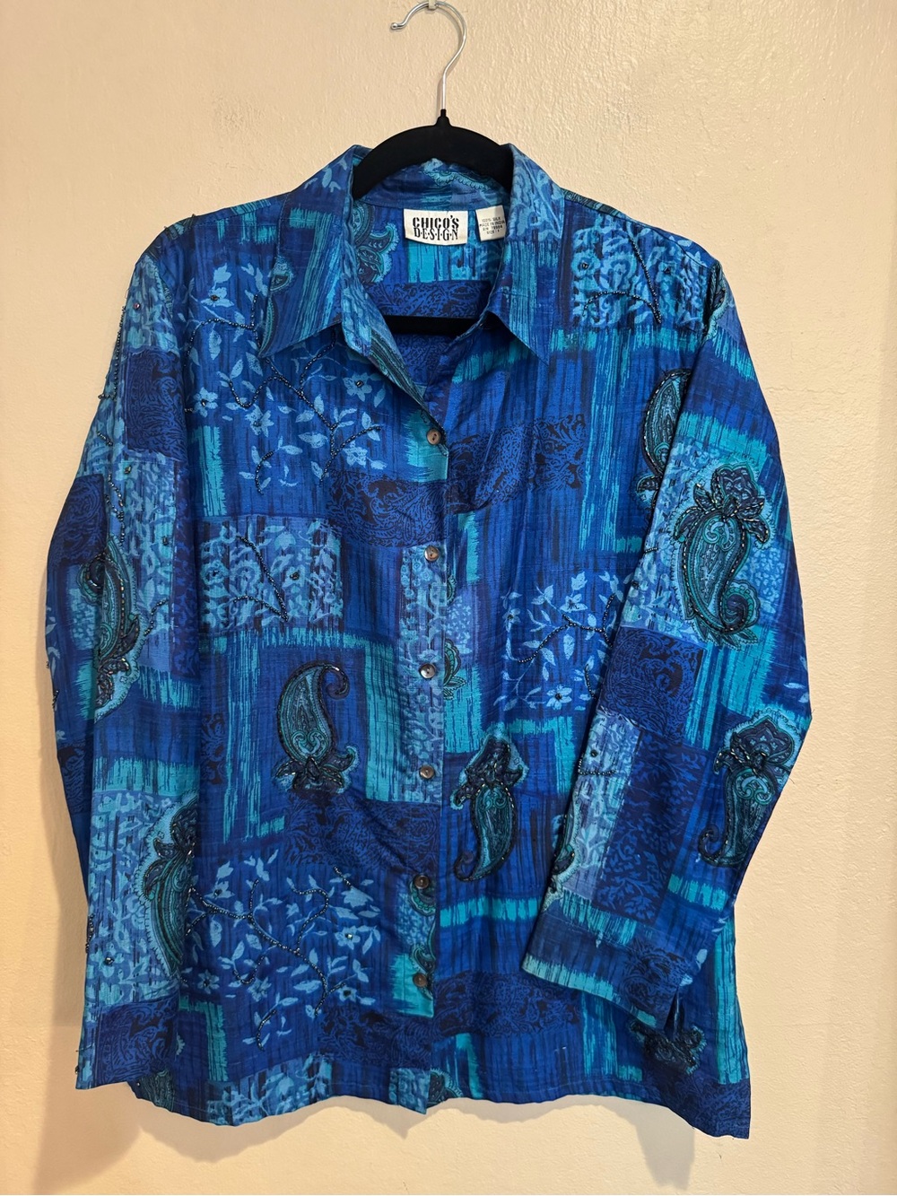 Chico's Turquoise and Cobalt Blue Patchwork Beaded Paisley Button-Front Blouse